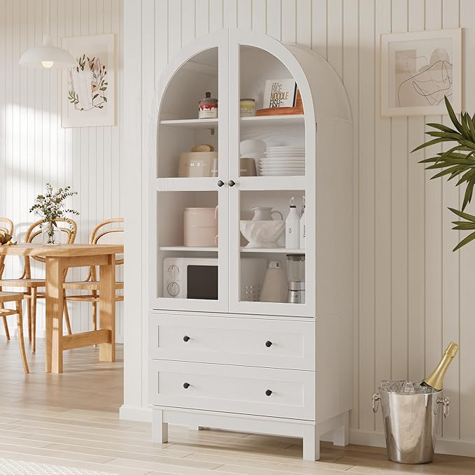 71" Tall Arched Kitchen Pantry, Kitchens Pantry Storage Cabinet with 2 Large Drawers and Adjustable Shelves, Modern Farmhouse Versatile Cupboard for Kitchen, Dining Room, Bathroom, White
