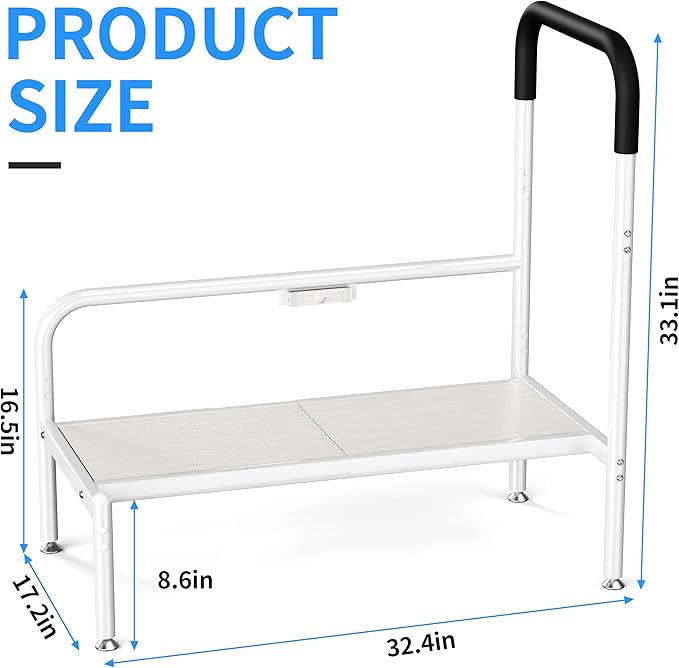 Bed Step Stool for Adults, Bedside Steps for Elderly Seniors with Non-Slip Handle & LED Light, Stable Assist Rail for High Beds