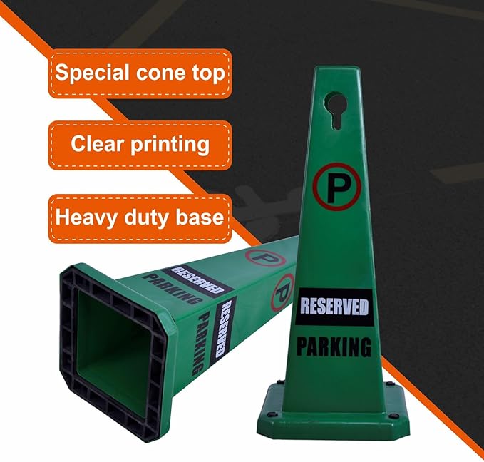 26.5" Caution Cones, 4-Sided Visible Safety Signs with Heavy Rubber Base, Warning for Slip & Fall Prevention, Indoor/Outdoor Use (8, Reserved Parking-Green, 26.5 inch)