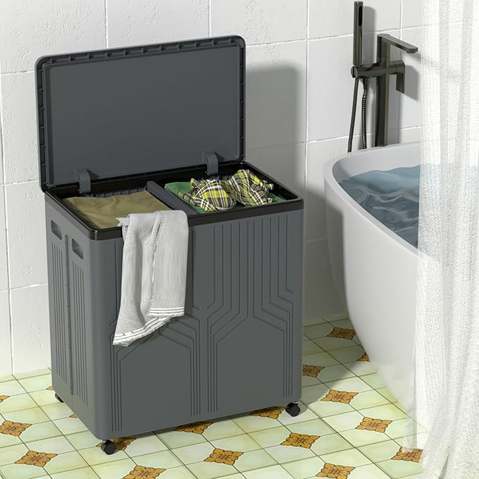 2 Section Collapsible Dirty Clothes Basket, 120 L Large Rolling Laundry Hamper with Lid, Plastic, Grey
