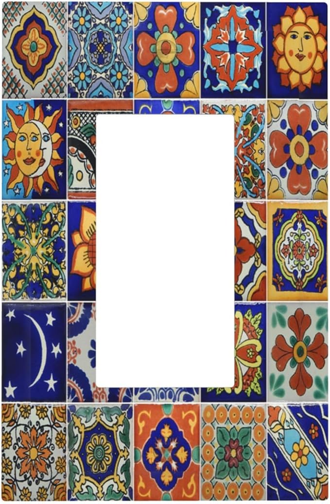 Decorative Outlet Covers Mid Century Talavera Shaped Tiles 1 Gang Single Rocker Light Switch Cover Plate Wall Plates GFCI Faceplate for Bedroom Bathroom Decor