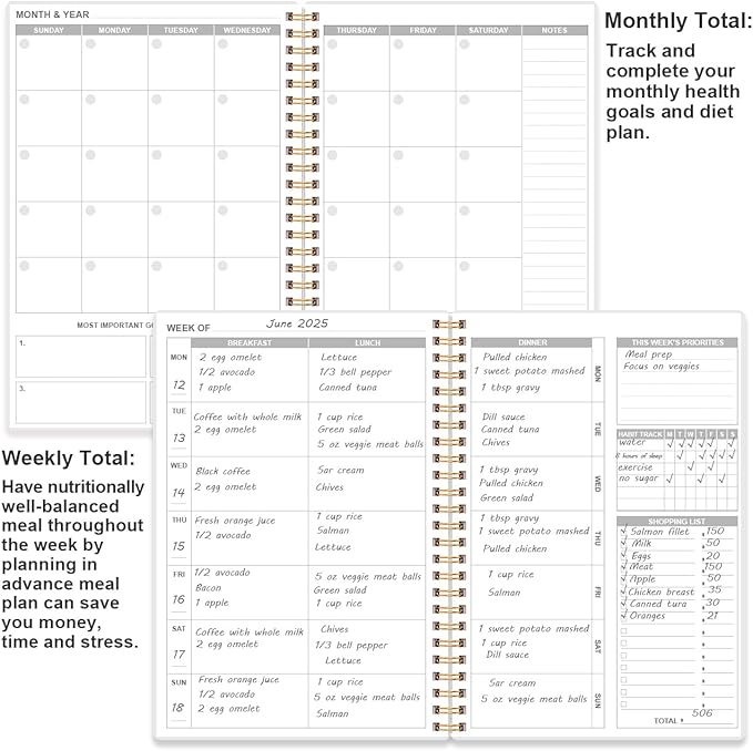 Weekly Meal Planner - A5 Weekly & Daily Meal Prep Journal with Shopping and Grocery Lists for Menu Planning, 93 Sheets/186 Pages Healthy Diet & Weight Loss Tracking, Undated, 52 Weeks, Lasts 1 Year,