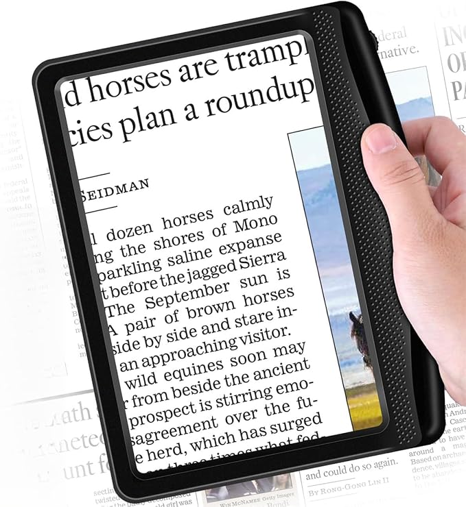 Rechargeable 5X Magnifying Glass for Reading, Large Bright Full Page Magnifier with Light, Handheld LED Dimmable Lighted, Lightweight Book Magnifier for Reading Small Prints Seniors Low Vision