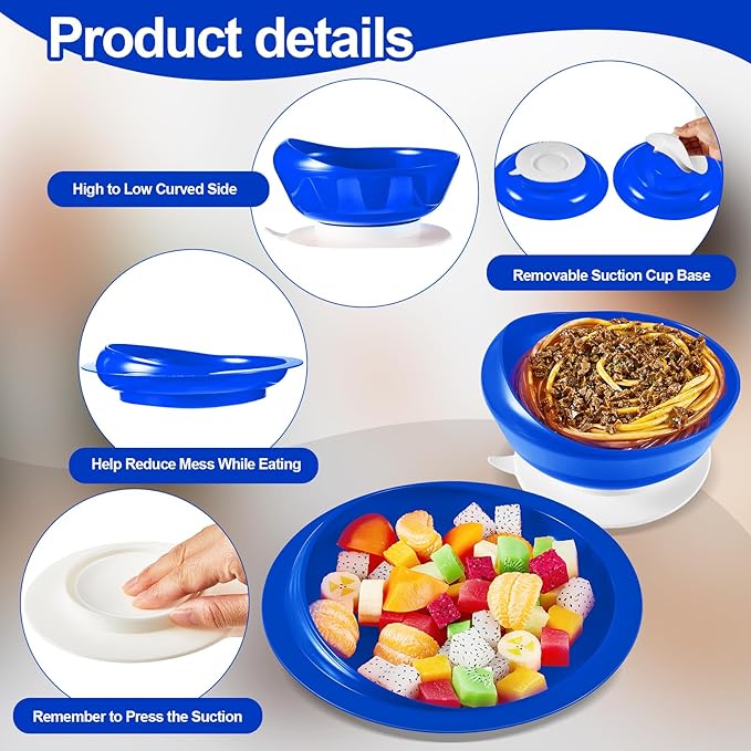 Hushee Adaptive Spill Proof Scoop Bowl and Plate Set with Suction Base Non Skid Self Feed Dinnerware for Elderly Disabled Handicapped from Parkinsons, Dementia, Stroke, Tremor(2 Sets,White and Blue)