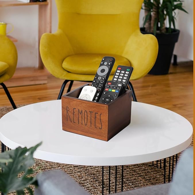 Acacia Wood Remote Holder, Control Organizer for TV - Home, Living Room, Bedroom - Wooden Remote Box (Brown, M, 3+ Remotes)