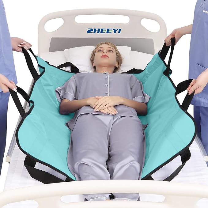 Positioning Bed Pad with Reinforced Handles 43" x 36" Patient Transfer Sheet Aid Assistant for Body Lifting, Turning, Repositioning, for Elderly, Incontinence, Caregiver, Aqua Blue