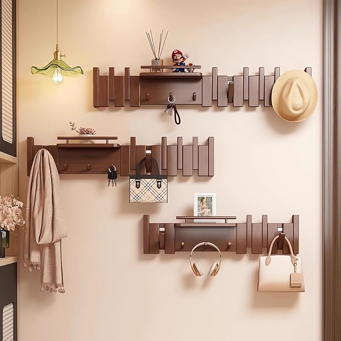 Wall Mounted Piano Key Hanger | Flip Style Hook | Entrance Wall Art Hook, Made of Oak Wood (3 Times Painted, 4 Times Polished) (Fence Beech, 4Hooks)