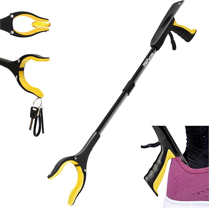 32 inch GrabRunner Folding Reacher Grabber Tool with Strong Magnetic and Swivel Head & Shoehorn (Yellow)