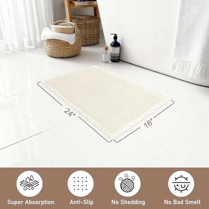 Hiasan Waffle Bath Mat, Super Absorbent Non Slip Bathroom Boho Rug with Tassels, Machine Washable Bath Mats for Bathroom, Ultra Soft Rubber Backed Rug, White, 16 x 24 Inches
