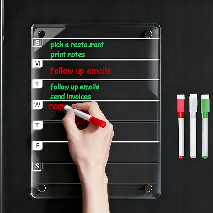 Magnetic Dry Erase Weekly Planner Board for Fridge, 12 X 8 inch Acrylic Calendar Whiteboard with 3 Markers