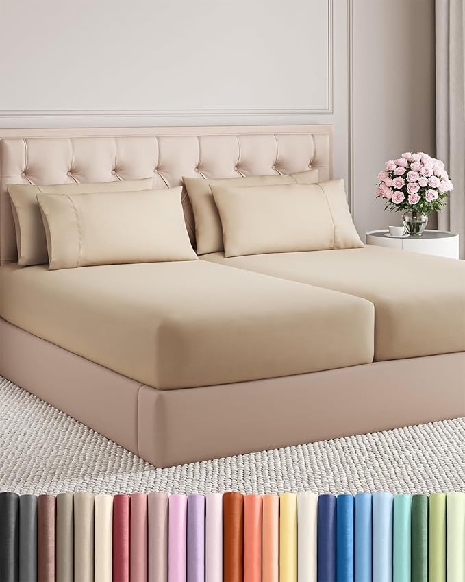 Split King 7 Piece Sheet Set - Cooling & Breathable Bed Sheets - Hotel Luxury Bed Sheets for Women, Men, Kids & Teens - Deep Pocket Bedding w/Easy Fit - Soft & Wrinkle Free - Split King Cream Sheets