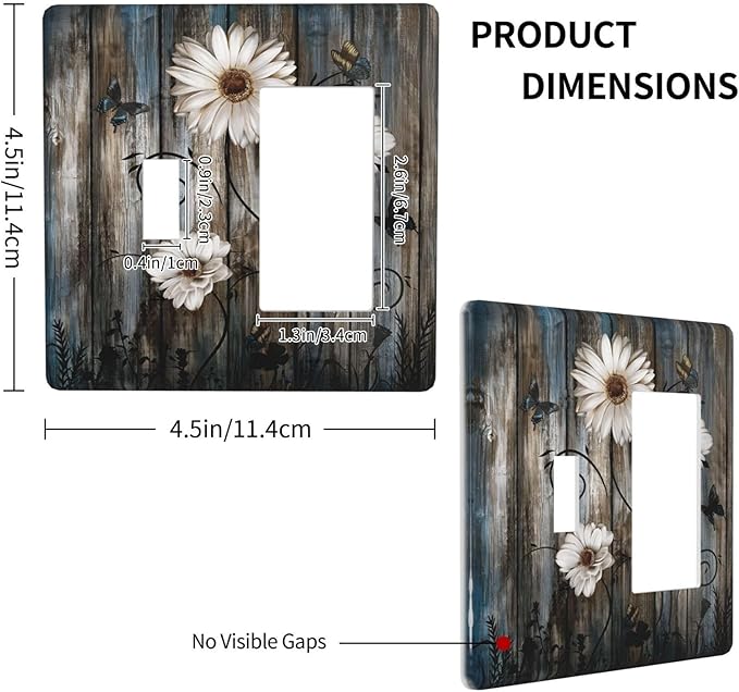 Rustic Wood Background Floral Butterfly Daisy Outlet Covers 1 Toggle 1 Rocker Combination Decorative Wall Plate Electrical Switch Plates Light Switch Cover Plate for Farmhouse Bedroom Decor