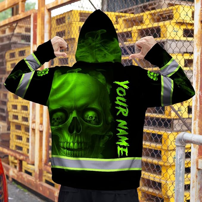 Matedecor Skull US Flag Reflective High Visibility Hoodie For Men Construction Hi Vis Safety Workwear Custom Name