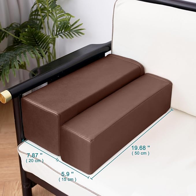 2 Pack Couch Arm Rest Pillow, 8''x8''x20'' Faux Leather Waterproof Cover, High Density Foam Armrest Cushion, Removable & Washable Elbow Support for Sofa, Bed, and Armchair (Dark Brown)