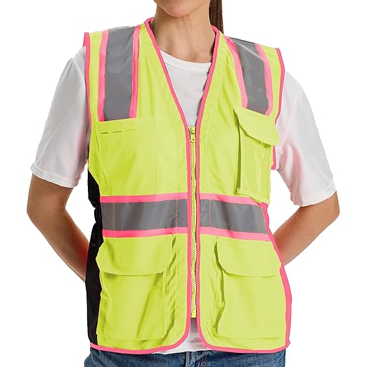 Hi Vis Safety Vest for Women,Working Drawstring Waist Construction Vest with Pockets and Zipper,Womens Safety Vest,ANSI Type R Class2