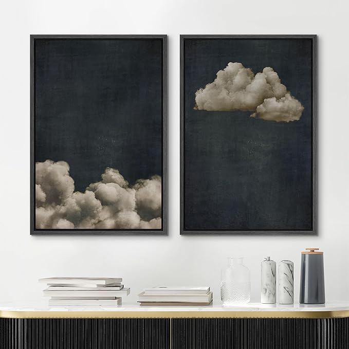 MUDECOR Framed Canvas Print Wall Art Vintage Cloudscape Dark Moody Sky with Floating Clouds Illustrations Modern Art Decorative Chic for Living Room, Bedroom, Office - 24"x36"x2 Black