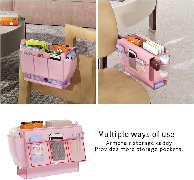 Bedside Caddy Bedside Organizer,Bed Caddy with 11 Pockets and Power Strip Holder,Versatile Bedside Storage Caddy for Home,Dorm,Bunk,Hospital,Crib Bed (Pink)