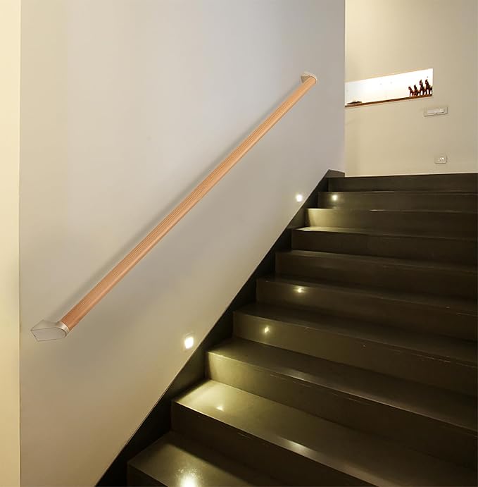 5 FT Modern Aluminum Handrail Set - ADA Compliant Indoor & Outdoor Stair Railing. 1.4" Diameter Grab Bar. Wall-Mounted with 90°Wall Return End. Rust Free(Cherry Wood Grain, 5 FT- Two Joined Pieces)
