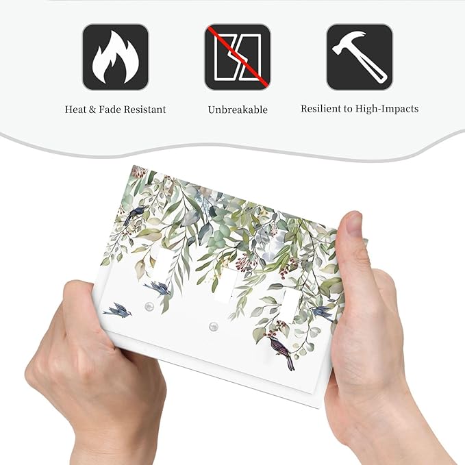 Green Leaf Eucalyptus Leaves Floral Bird Butterfly Decorative Switch Plates 3 Gang Wall Plate Triple Toggle Light Switch Cover Faceplate Electrical Wall Panels for Bed Room Living Room Decor