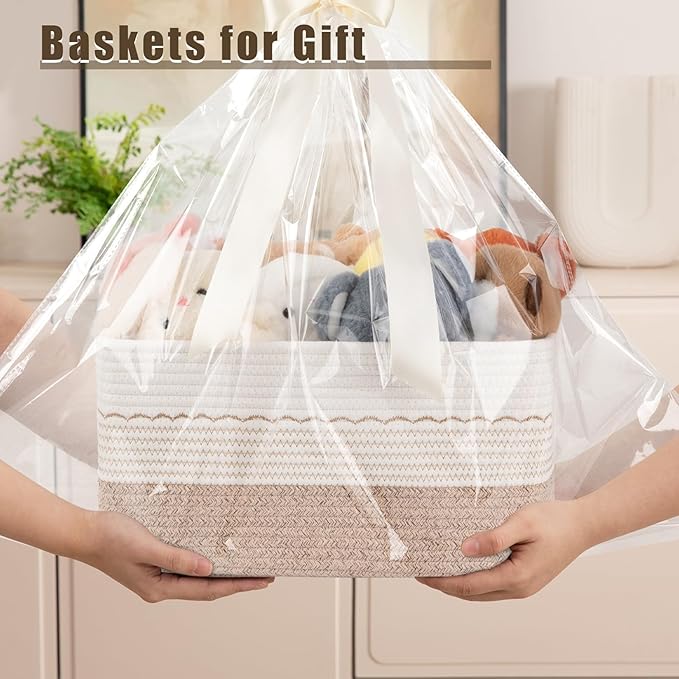 4 Pack Storage Baskets for Organizing, 15.75''x11.8''x7.87'', Decorative Cotton Rope Baskets with Wave-Patterned Embroidery, Small Woven Basket for Toys, Books and Towels, Brown&White