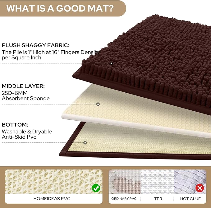 HOMEIDEAS 3 Pieces Bathroom Rugs, Ultra Soft Non Slip Absorbent Chenille Toilet Bath Mat Set (Brown)