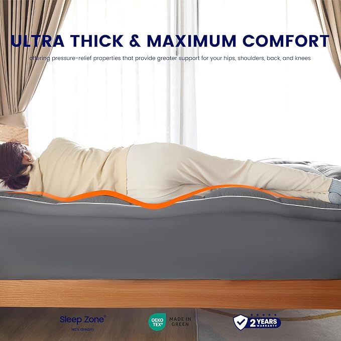 SLEEP ZONE Mattress Topper Twin Size, Extra Thick Fitted Mattress Pad for Back Pain, Plush and Support Mattress Cover, Deep Pockets Mattress Protector, Hotel Quality (Grey, Twin)