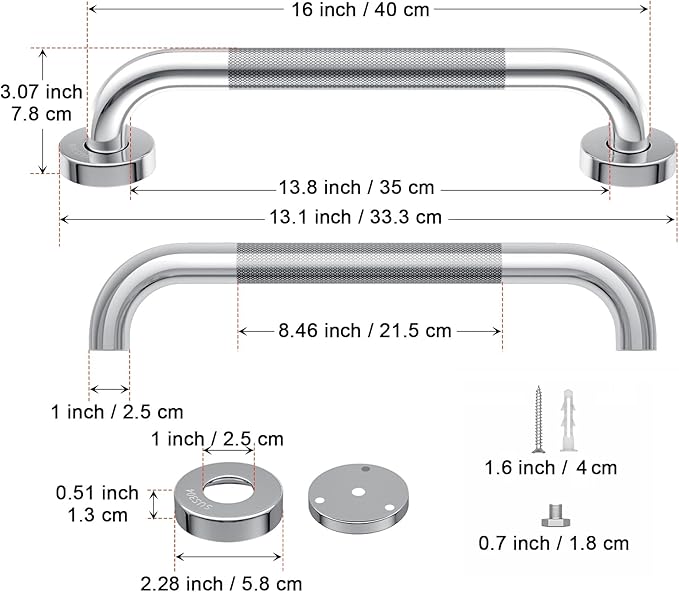 16 Inch Anti-Slip Shower Grab Bar, iMomwee Chrome Stainless Steel Bathroom Grab Bar Handle with Textured Grip, Shower Balance Bar, Safety Hand Rail Support, Handicap Elderly Senior Assist Bath Handle