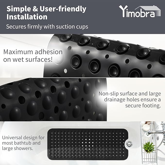 Yimobra Non Slip Bathtub Mat 40 x 16 Inch, Extra Long Shower Mat with Drain Holes, Machine Washable Baby Bath Mats, Strong Suction Cups for Bathroom Floor, Black