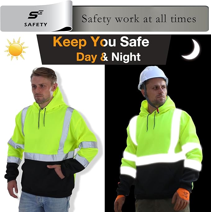 sesafety Class 3 Hi-Vis Hoodie for Men, Reflective Safety Sweatshirt, Black High Visibility Hooded Pullover