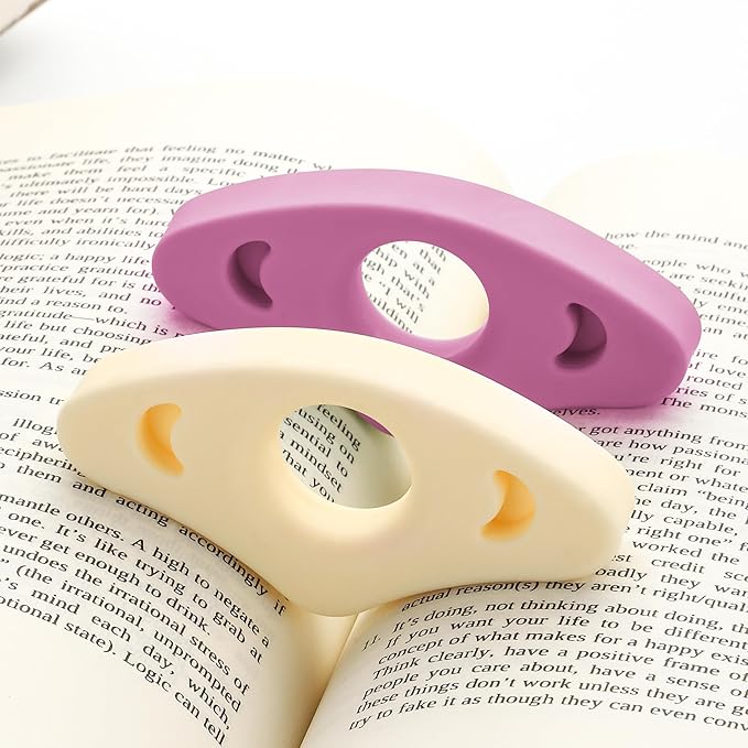 Book Page Holder, 2 Pack Breathable Silicone Thumb Page Holder for Reading, Ideal Book Reader Gifts and Reading Accessories (Small Size, Off White - Purple)