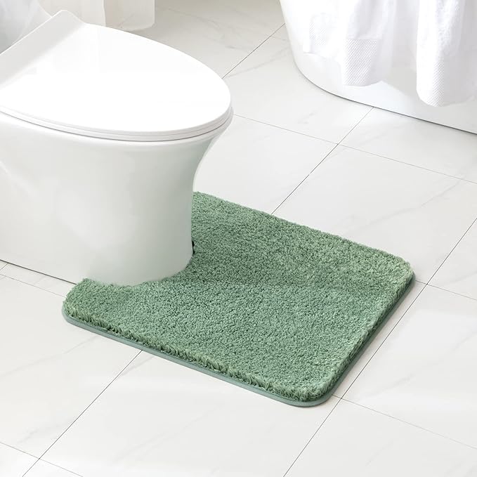 MIULEE Microfiber Toilet Bath Mat U-Shaped Contour Shaggy Bathroom Rugs Non Slip Extra Thick Soft Bath Rug Absorbent Water for Bathroom Commode Machine Washable(20x24 Inch, Sage Green)