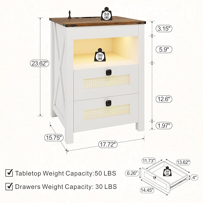 Bedside Table Set of 2 with Charging Station, Nightstand with Gun Drawer, LED Night Stand with Human Sensor Light, Farmhouse End Table for Bedroom Living Room, White