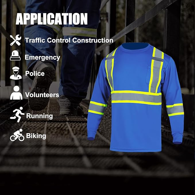 FONIRRA Hi Vis Shirts for Men Reflective ANSI Class 2 Safety Long Sleeve High Visibility Work Construction T Shirts Blue