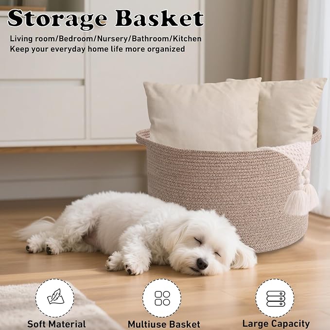 Large Storage Basket with Handle,19.7" L x 19.7" W x 13" H Blanket Basket Storage Bins for Organizing,65L Cotton Rope Woven Baskets for Living Room, Nursery ,Bedroom,Brown