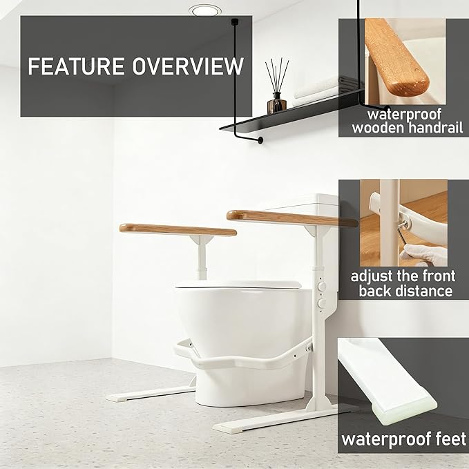 Toilet Safety Rails for Seniors - Toilet Safety Frame with Nighttime Reflective Armrests & Base, 3-Speed Height Adjustment, Toilet Safety Frames & Rails Fits Most Toilets, 3-Hole Depth Adjustment
