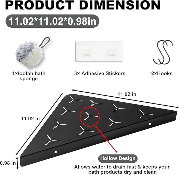 Bathroom Corner Shelf 11" Slot Design Recessed Shower Shelves for Tiled Wall, 304 Stainless Steel Corner Shelves for Bathroom Organizer No Drilling, Matte Black 1 Pack