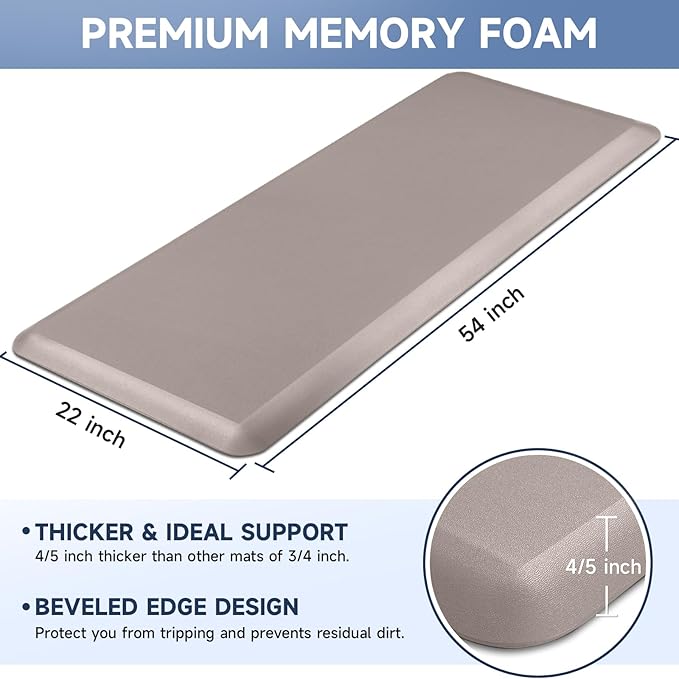 4/5 Inch Thick Kitchen Mats for Floor, StepRite Kitchen Rug for Standing Desk, Non-Slip, Thicker, Stain & Water Resistant, Comfort Anti Fatigue Floor Mat for Home, Kitchen, Office - Khaki,54 * 22''