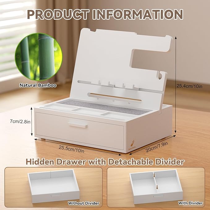 Pezin & Hulin Wooden Charging Station, Bedside Nightstand Tray, with Spacious Drawer, Felt Pads for Phones, Watch, Idea Gifts for Him Birthday, Son, Christmas for Papa Fathers Day (White)