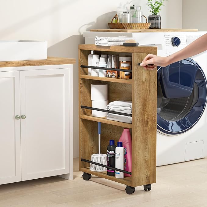 Tribesigns Slim Storage Cart, Rolling Narrow Kitchen Cart on Wheels for Small Place, 4-Tier Slide Out Slim Utility Cart Skinny Laundry Cart with Handle for Kitchen, Bathroom, Laundry (Farmhouse)