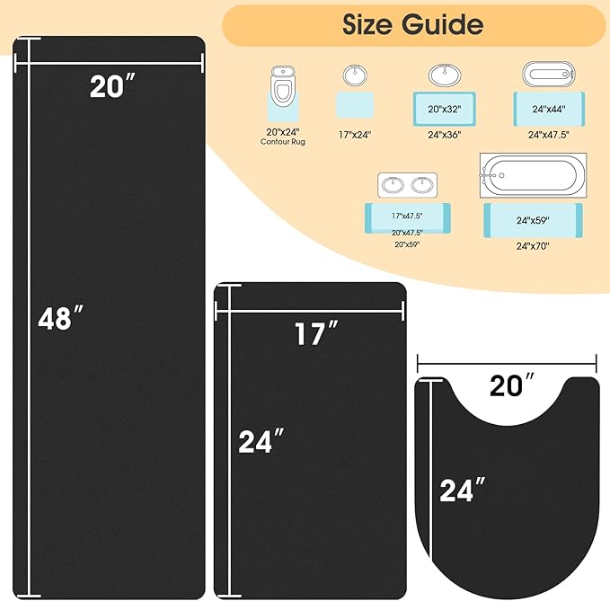 Ultra Thin Bath Mat, Upgrade Backing Non Slip Thin Bath Mats Fit Under Door, Quick Dry Ultra Absorbent Bathroom Rugs, Machine Washable Bath Rugs for Bathroom, Bathtub & Kitchen, Black/Solid/3 Piece