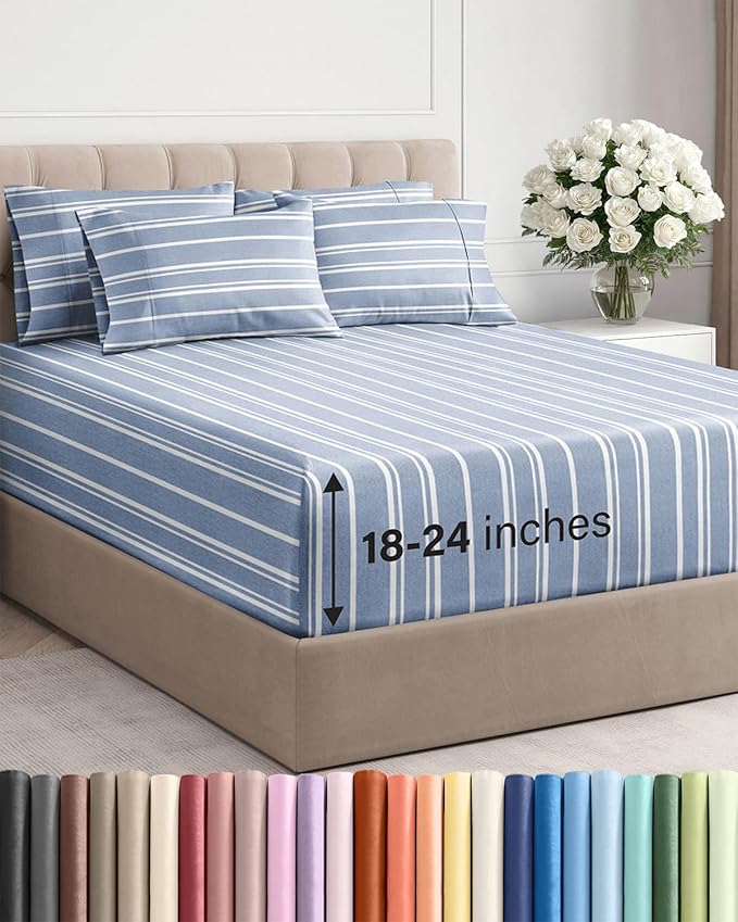 Extra Deep Cal King Sheet Set - 6 Piece Breathable & Cooling Sheets - Hotel Luxury Bed Sheets Set - Easy Fit - Soft, Wrinkle Free & Comfy Sheets Set - Blue Striped Sheet Set with Extra Deep Pockets