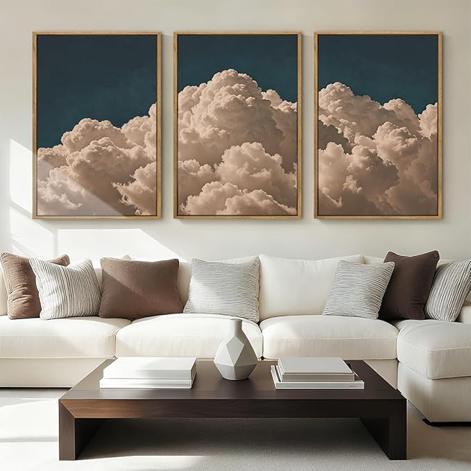 IARTTOP Large Cloud Canvas Wall Art Framed 16x24 Inch Navy Blue Cloud Painting Set of 3 Modern Abstract Sky Landscape Wall Decor For Living Room Bedroom Office