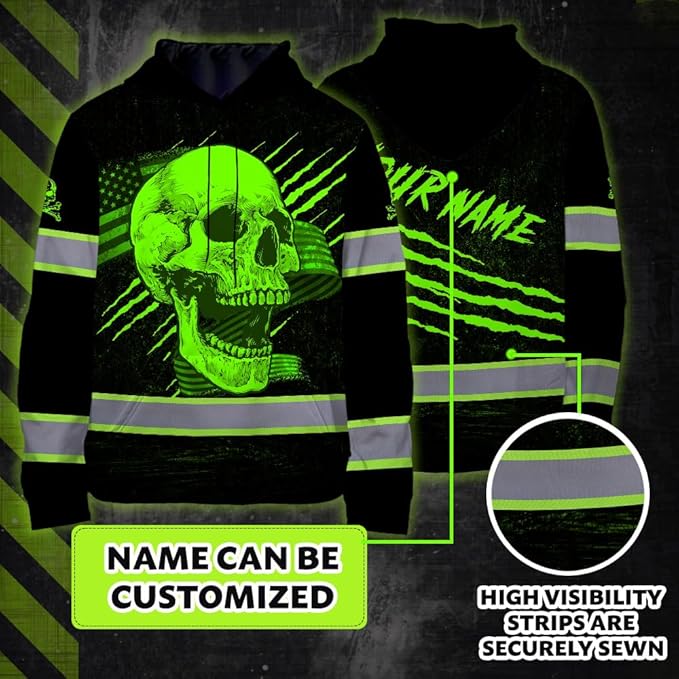 Matedecor Skull US Flag Reflective High Visibility Hoodie For Men Construction Hi Vis Safety Workwear Custom Name