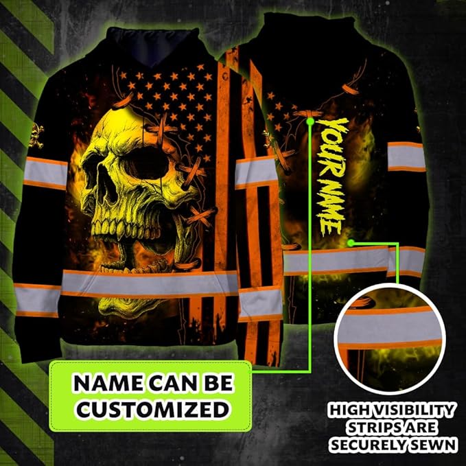 Matedecor Skull US Flag Reflective High Visibility Hoodie For Men Construction Hi Vis Safety Workwear Custom Name