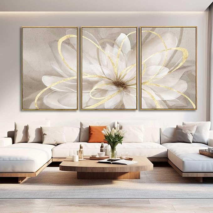 SOUGUAN Living Room Decor White Flower Artwork Gold Canvas Wall Art Abstract Line Painting for Bedroom Kitchen Dining Room Home Wall Decor 26"x40"x 3 Pieces