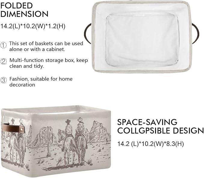 Western Desert Cowboy Storage Basket Cube Storage Bins Organizer Bag Collapsible Closet Shelf Baskets with handle for Cloth Book 14.2×10.2×8.3 IN