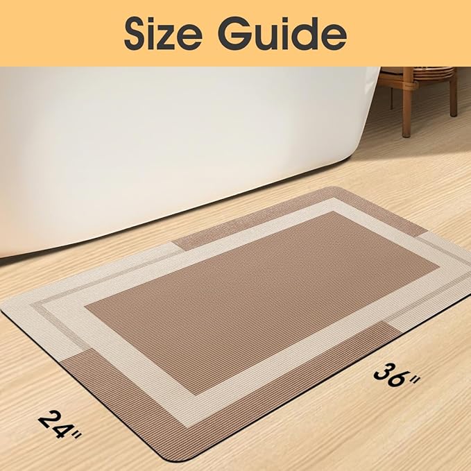 ACCUMTEK Ultra Thin Bath Mat, Upgrade Backing Non Slip Thin Bath Mats Fit Under Door, Quick Dry Ultra Absorbent Bathroom Rugs, Machine Washable Bath Rugs for Bathroom, Bathtub, Taupe/Bordered/36 x24