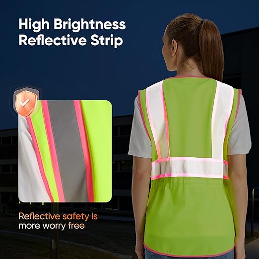 Hi Vis Safety Vest for Women,Working Drawstring Waist Construction Vest with Pockets and Zipper,Womens Safety Vest,ANSI Type R Class2