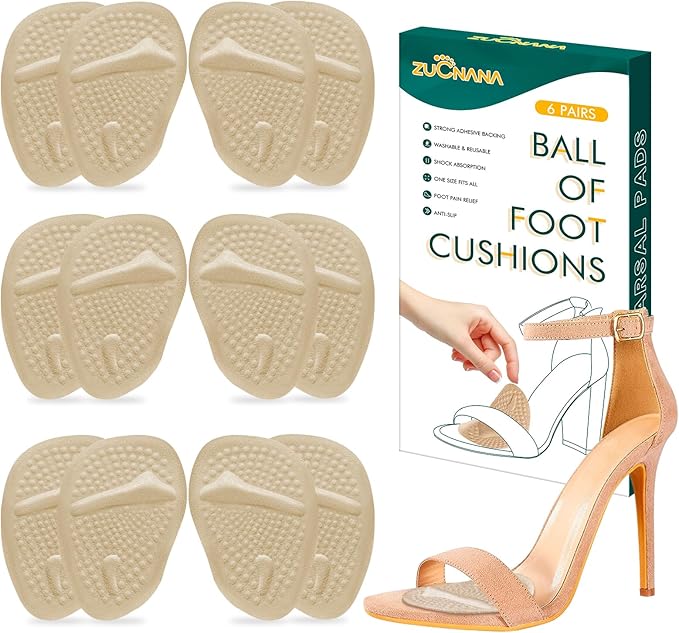 Ball of Foot Cushions (Beige) | Metatarsal Pads for Women (6 Pairs Foot Pads) | Reusable Shoe Inserts for Pain Relief | Non-Slip Heel Cushion Inserts Best for Neuroma and Callus