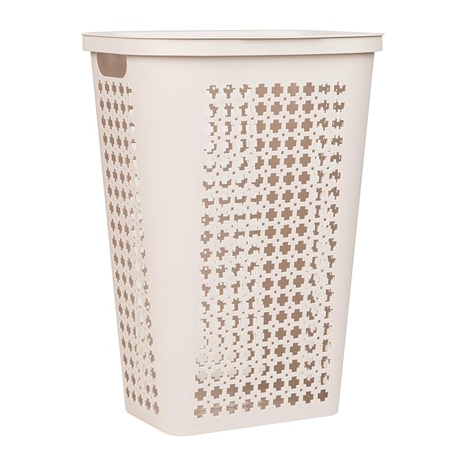 Mind Reader Slim Tapered Laundry Hamper with Lid, Clothes Basket with Swiss Cross Cut-Outs, Lightweight & Ventilated, Plastic, 16.75"L x 12.75"W x 23"H, Ivory